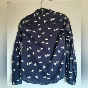 Navy Blue Long Sleeve Button Up Shirt with Swan Print - XS